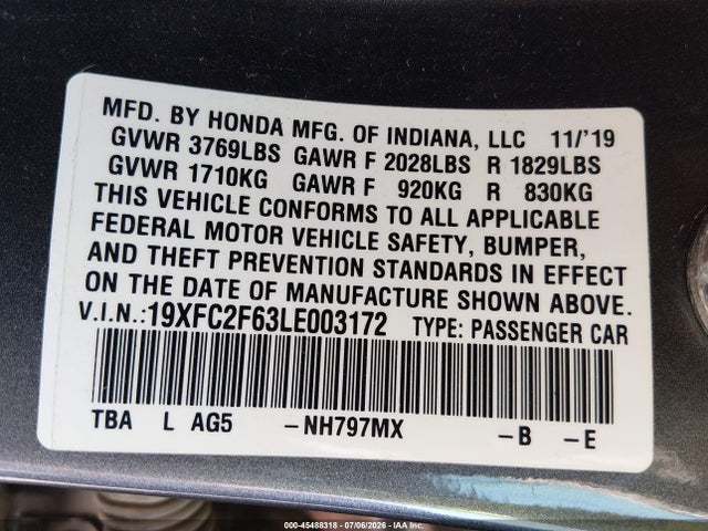 Honda Civic Lx 2020 19XFC2F63LE003172 Image 9