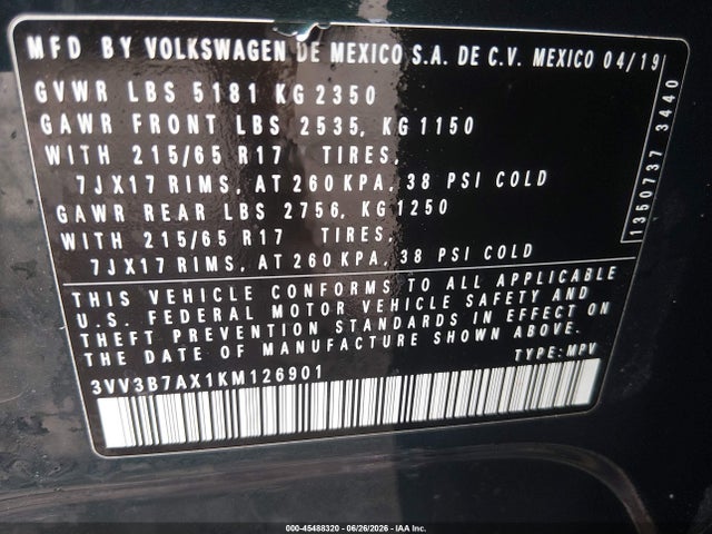 Продажа на аукционе авто 2019 Volkswagen Tiguan 2.0t Se/2.0t Sel/2.0t Sel R-line/2.0t Sel R-line Black, vin: 3VV3B7AX1KM126901, номер лота: 45488320