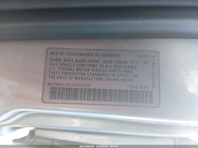 45488325 :رقم المزاد ، WV2MB47042H092339 vin ، 2002 Volkswagen Eurovan Mv مزاد بيع