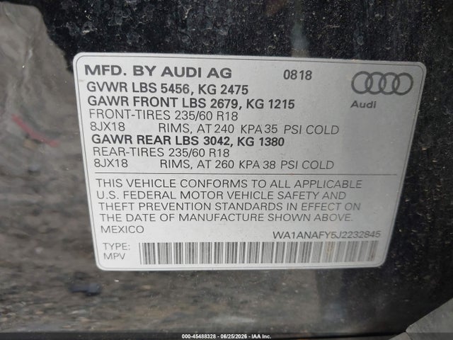 Aukcja sprzedaży 2018 Audi Q5 2.0t Premium/2.0t Tech Premium, vin: WA1ANAFY5J2232845, numer aukcji: 45488328
