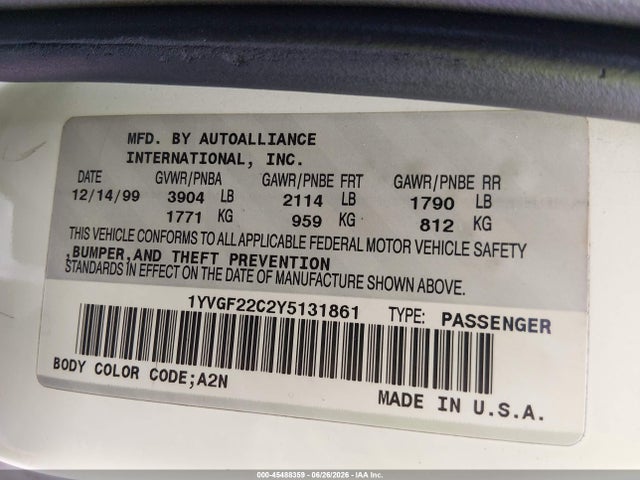 45488359 :رقم المزاد ، 1YVGF22C2Y5131861 vin ، 2000 Mazda 626 Es/lx مزاد بيع