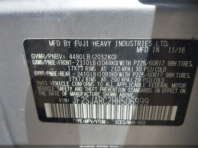 Продажа на аукционе авто 2017 Subaru Forester 2.5i Limited, vin: JF2SJARC2HH506999, номер лота: 45488369