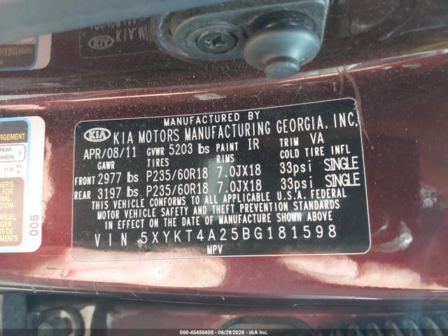 45488400 :رقم المزاد ، 5XYKT4A25BG181598 vin ، 2011 Kia Sorento Lx V6 مزاد بيع