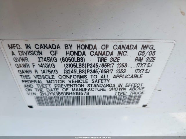 Aukcja sprzedaży 2006 Honda Ridgeline Rtl, vin: 2HJYK16516H519578, numer aukcji: 45488405