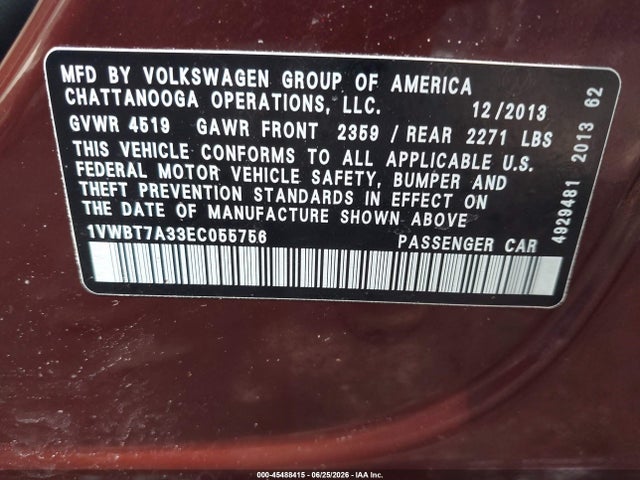 2014 Volkswagen Passat 1.8t Se მანქანა იყიდება აუქციონზე, vin: 1VWBT7A33EC055756, აუქციონის ნომერი: 45488415