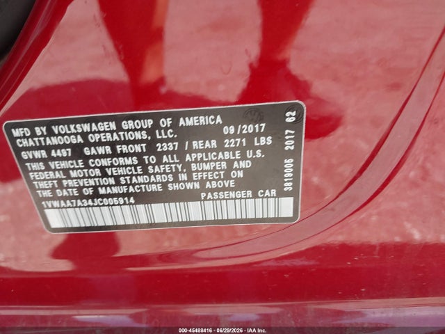 45488416 :رقم المزاد ، 1VWAA7A34JC005914 vin ، 2018 Volkswagen Passat 2.0t R-line/2.0t S مزاد بيع