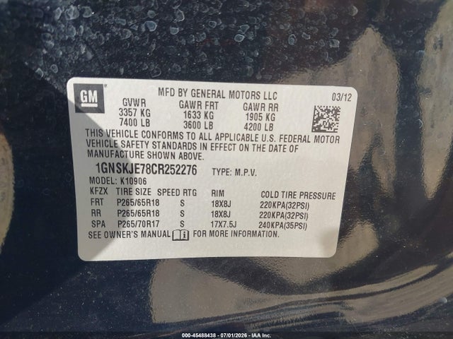 Auction sale of the 2012 Chevrolet Suburban Lt, vin: 1GNSKJE78CR252276, lot number: 45488438