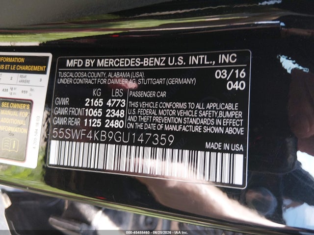 45488460 :رقم المزاد ، 55SWF4KB9GU147359 vin ، 2016 Mercedes-benz C 300 Luxury 4matic مزاد بيع