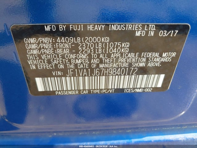 Продажа на аукционе авто 2017 Subaru Wrx Limited, vin: JF1VA1J67H9840172, номер лота: 45488463