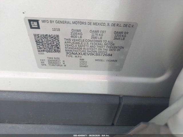 Продажа на аукционе авто 2019 Chevrolet Equinox Lt, vin: 3GNAXUEV0KS572684, номер лота: 45488471