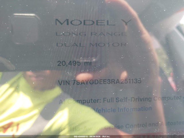 Auction sale of the 2024 Tesla Model Y Long Range Dual Motor All-wheel Drive, vin: 7SAYGDEE3RA251135, lot number: 45488518