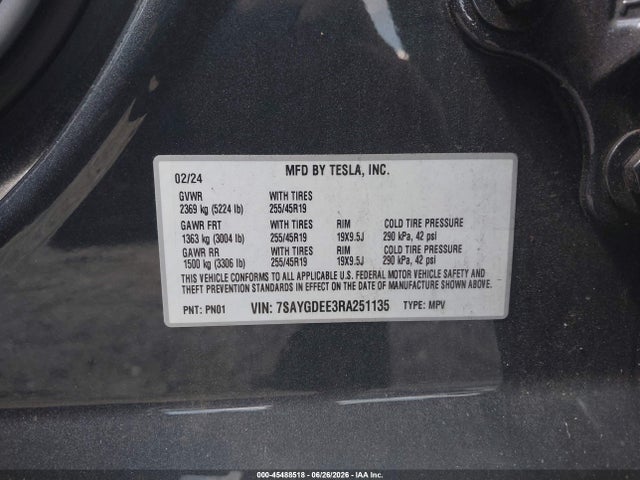 Auction sale of the 2024 Tesla Model Y Long Range Dual Motor All-wheel Drive, vin: 7SAYGDEE3RA251135, lot number: 45488518
