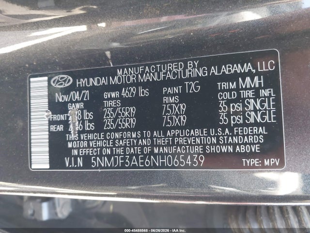 45488568 :رقم المزاد ، 5NMJF3AE6NH065439 vin ، 2022 Hyundai Tucson Sel مزاد بيع