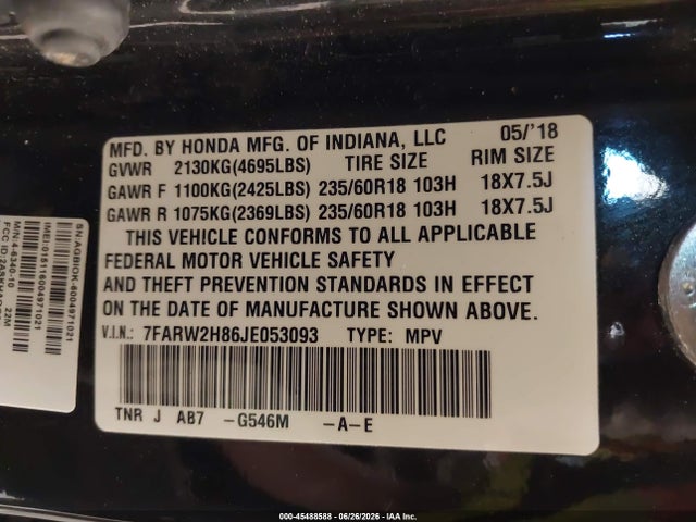 7FARW2H86JE053093 Honda Cr-v Ex-l/ex-l Navi
