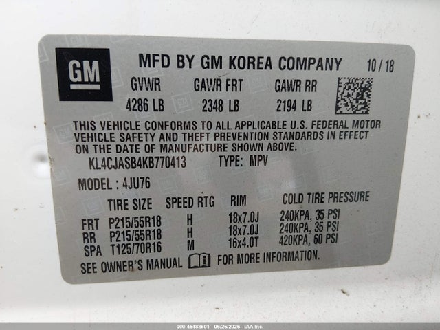 2019 Buick Encore Fwd Preferred მანქანა იყიდება აუქციონზე, vin: KL4CJASB4KB770413, აუქციონის ნომერი: 45488601