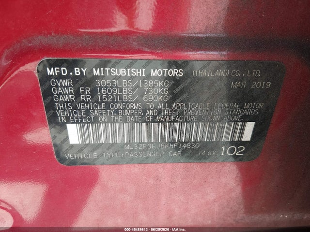 Aukcja sprzedaży 2019 Mitsubishi Mirage G4 Es, vin: ML32F3FJ8KHF14830, numer aukcji: 45488613