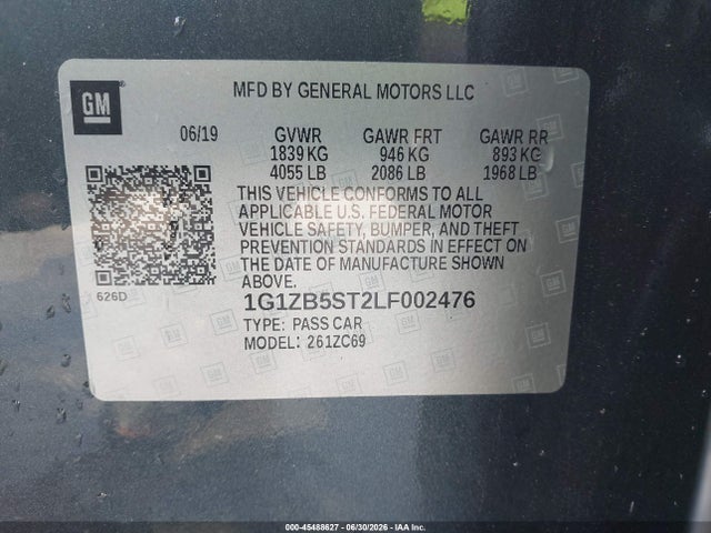 45488627 :رقم المزاد ، 1G1ZB5ST2LF002476 vin ، 2020 Chevrolet Malibu Fwd Ls مزاد بيع
