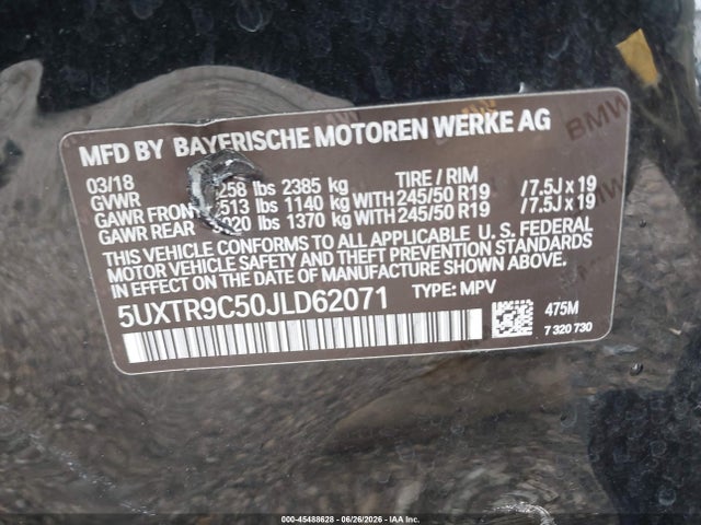 Aukcja sprzedaży 2018 Bmw X3 Xdrive30i, vin: 5UXTR9C50JLD62071, numer aukcji: 45488628