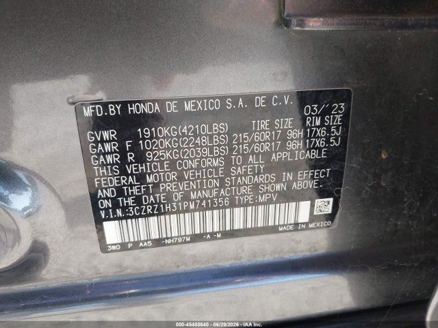 Aukcja sprzedaży 2023 Honda Hr-v 2wd Lx, vin: 3CZRZ1H31PM741356, numer aukcji: 45488640