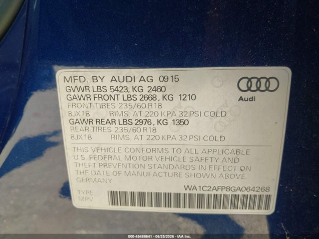 2016 Audi Q5 2.0t Premium მანქანა იყიდება აუქციონზე, vin: WA1C2AFP8GA064268, აუქციონის ნომერი: 45488641