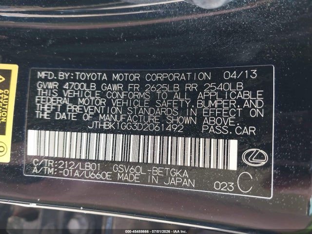 Продаж на аукціоні авто 2013 Lexus Es 350, vin: JTHBK1GG3D2061492, номер лоту: 45488666