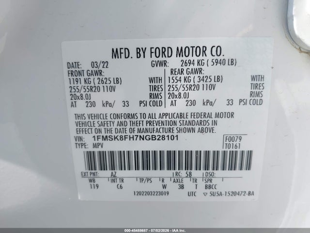 Продаж на аукціоні авто 2022 Ford Explorer Limited, vin: 1FMSK8FH7NGB28101, номер лоту: 45488687