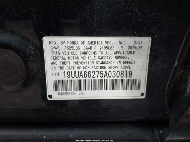 2005 Acura Tl მანქანა იყიდება აუქციონზე, vin: 19UUA66275A030819, აუქციონის ნომერი: 45488690
