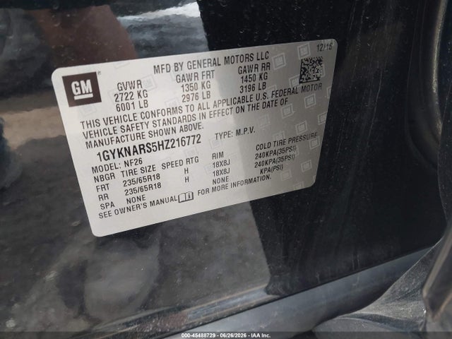 45488729 :رقم المزاد ، 1GYKNARS5HZ216772 vin ، 2017 Cadillac Xt5 Standard مزاد بيع