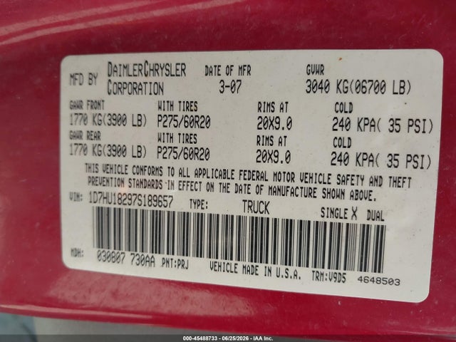 Auction sale of the 2007 Dodge Ram 1500 Slt/trx4 Off Road/sport, vin: 1D7HU18297S189657, lot number: 45488733