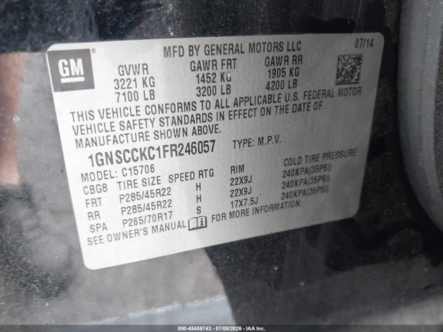 45488743 :رقم المزاد ، 1GNSCCKC1FR246057 vin ، 2015 Chevrolet Tahoe Ltz مزاد بيع