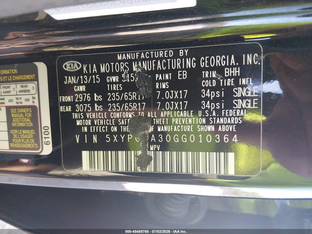 2016 Kia Sorento 2.4l Lx მანქანა იყიდება აუქციონზე, vin: 5XYPGDA30GG010364, აუქციონის ნომერი: 45488768