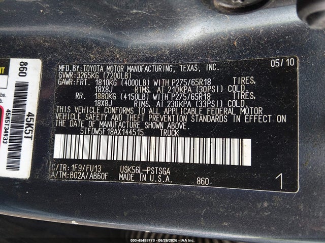Продажа на аукционе авто 2010 Toyota Tundra Grade 5.7l V8, vin: 5TFDW5F18AX144515, номер лота: 45488770