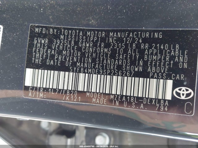 Aukcja sprzedaży 2025 Toyota Corolla Le, vin: 5YFB4MDE9SP256267, numer aukcji: 45488790