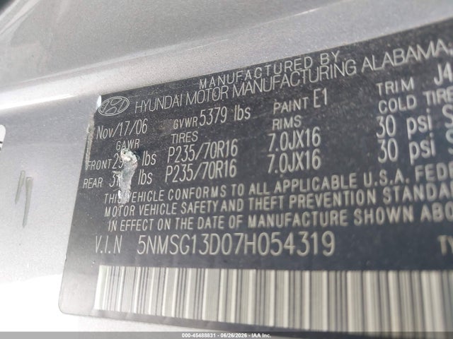 45488831 :رقم المزاد ، 5NMSG13D07H054319 vin ، 2007 Hyundai Santa Fe Gls مزاد بيع