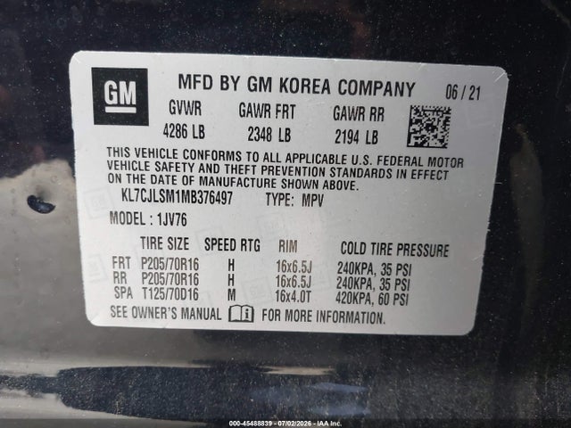 2021 Chevrolet Trax Fwd Lt მანქანა იყიდება აუქციონზე, vin: KL7CJLSM1MB376497, აუქციონის ნომერი: 45488839