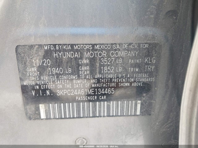 45488860 :رقم المزاد ، 3KPC24A61ME134465 vin ، 2021 Hyundai Accent Se مزاد بيع
