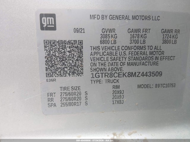 Aukcja sprzedaży 2021 Gmc Sierra 1500 2wd  Standard Box Elevation, vin: 1GTR8CEK8MZ443509, numer aukcji: 45488906