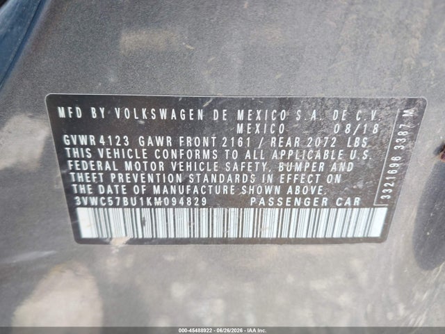 45488922 :رقم المزاد ، 3VWC57BU1KM094829 vin ، 2019 Volkswagen Jetta 1.4t R-line/1.4t S/1.4t Se مزاد بيع