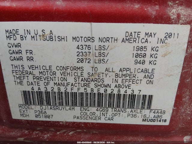 Продаж на аукціоні авто 2011 Mitsubishi Galant Fe, vin: 4A32B2FF5BE028437, номер лоту: 45488940