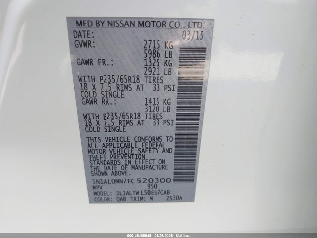 45488945 :رقم المزاد ، 5N1AL0MN7FC520300 vin ، 2015 Infiniti Qx60 مزاد بيع