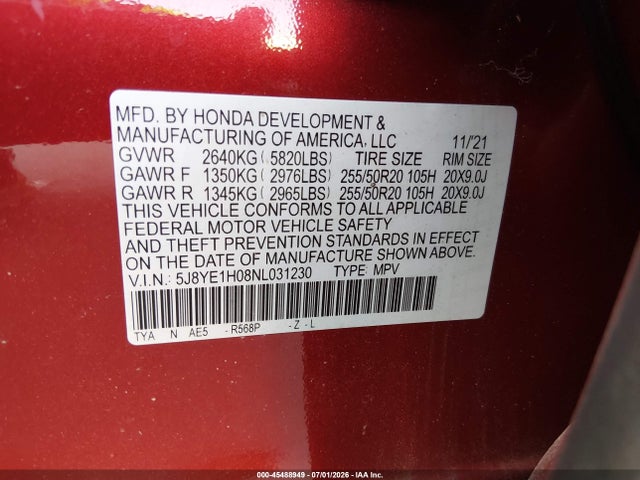 Aukcja sprzedaży 2022 Acura Mdx A-spec Package, vin: 5J8YE1H08NL031230, numer aukcji: 45488949