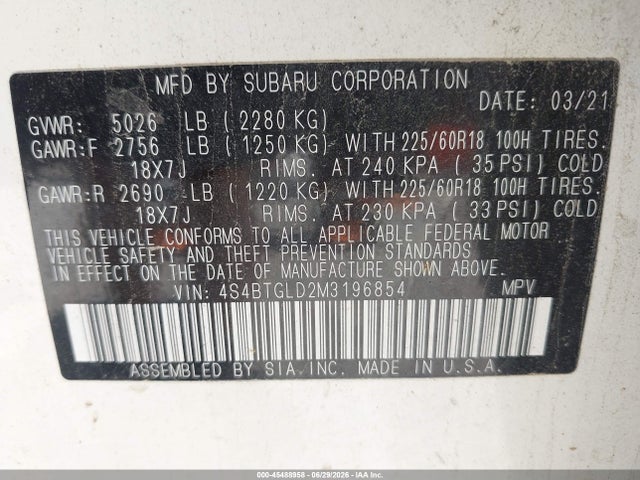 Продажа на аукционе авто 2021 Subaru Outback Onyx Edition Xt, vin: 4S4BTGLD2M3196854, номер лота: 45488958