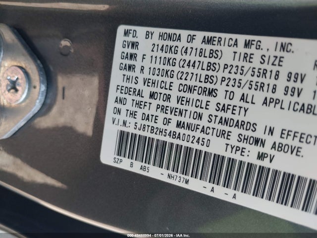 2011 Acura Rdx მანქანა იყიდება აუქციონზე, vin: 5J8TB2H54BA002450, აუქციონის ნომერი: 45488994