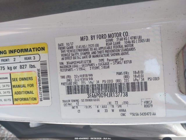 Продаж на аукціоні авто 2018 Ford Fusion Platinum/titanium, vin: 3FA6P0D94JR137738, номер лоту: 45489002