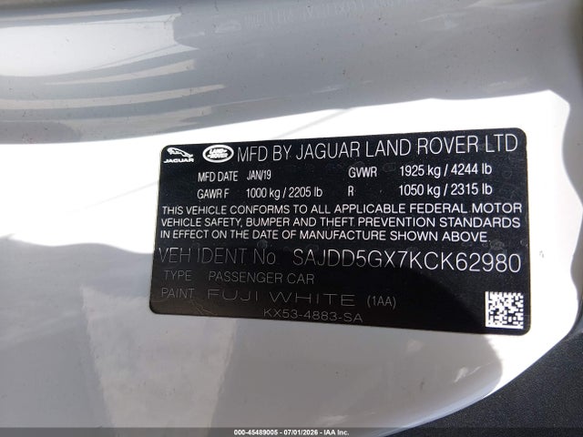 Aukcja sprzedaży 2019 Jaguar F-type P300, vin: SAJDD5GX7KCK62980, numer aukcji: 45489005