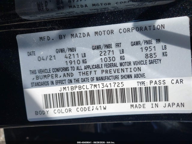 Aukcja sprzedaży 2021 Mazda Mazda3 Preferred, vin: JM1BPBCL7M1341725, numer aukcji: 45489041