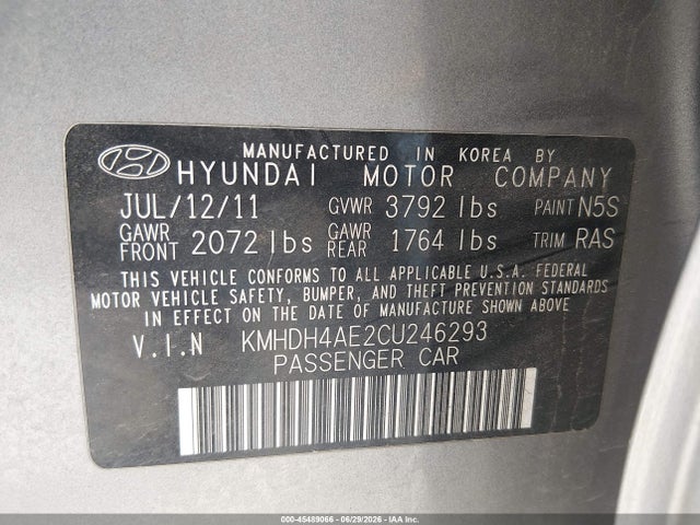 Продажа на аукционе авто 2012 Hyundai Elantra Limited (ulsan Plant), vin: KMHDH4AE2CU246293, номер лота: 45489066