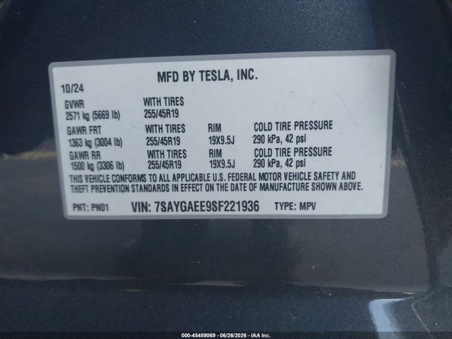 Aukcja sprzedaży 2025 Tesla Model Y Long Range Dual Motor All-wheel Drive, vin: 7SAYGAEE9SF221936, numer aukcji: 45489069