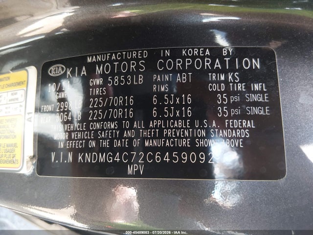 Aukcja sprzedaży 2012 Kia Sedona Lx, vin: KNDMG4C72C6459092, numer aukcji: 45489083