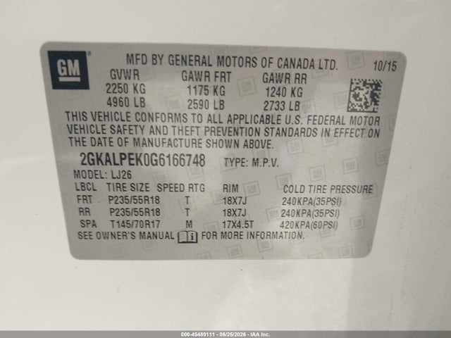 45489111 :رقم المزاد ، 2GKALPEK0G6166748 vin ، 2016 Gmc Terrain Slt مزاد بيع